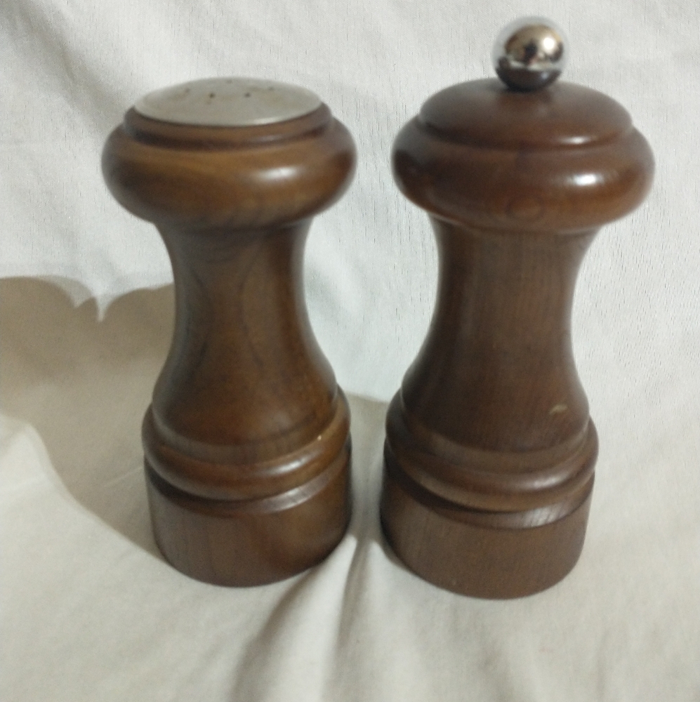 Vintage Olde Thompson wooden salt shaker and pepper grinder